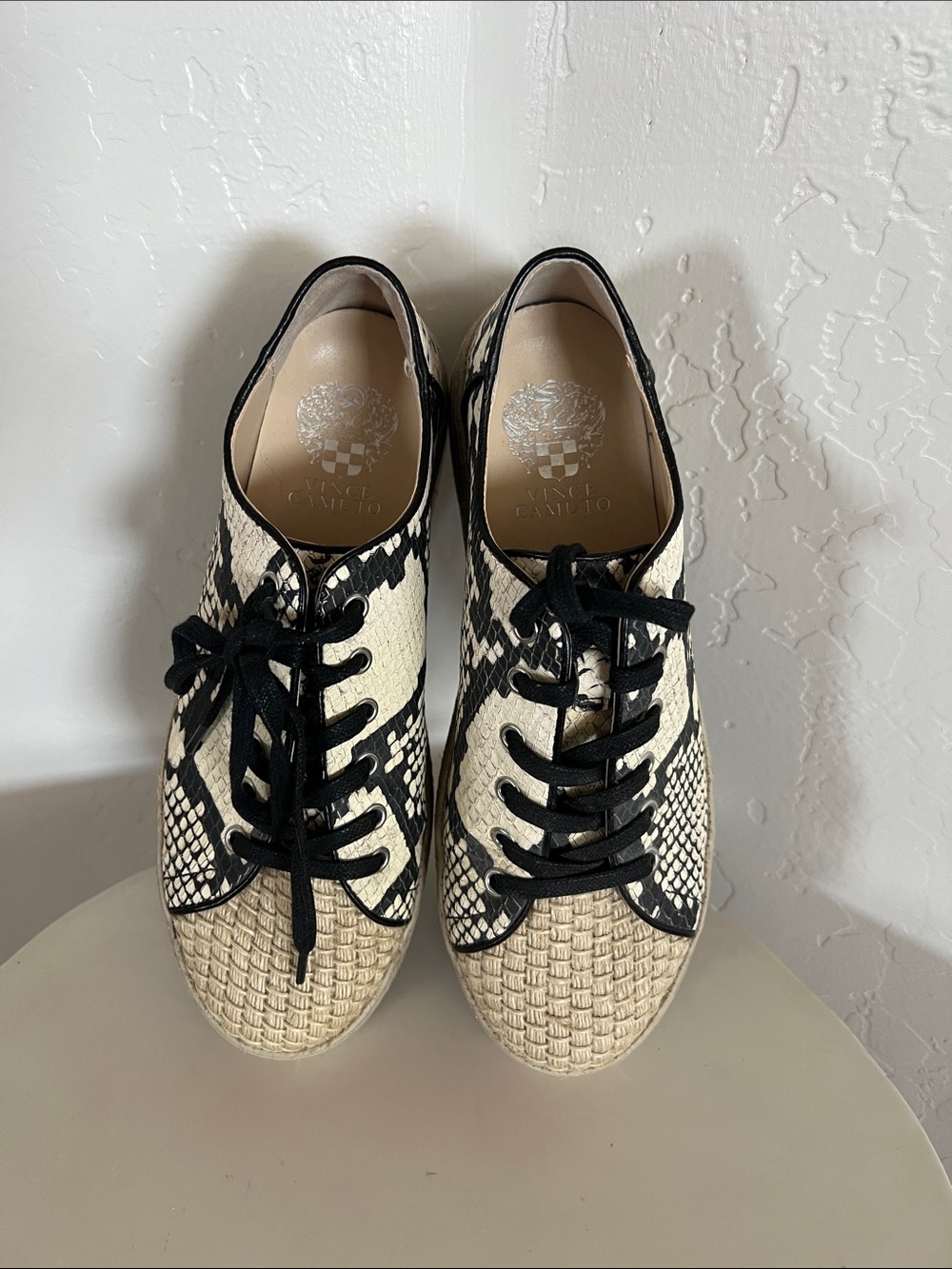 Vince Camuto Black and Cream Woven Lace Sneakers